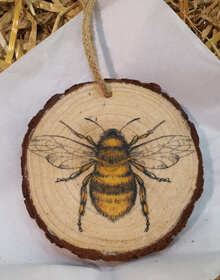 Decoupaged Bee Hanging Wood Slice with Woodburnt “Bee Kind” on the reverse