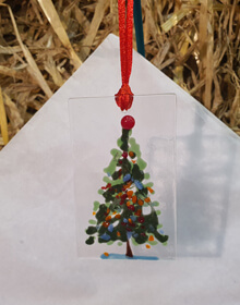 Christmas Tree Handmade Fused Glass with a Red Ribbon for Hanging